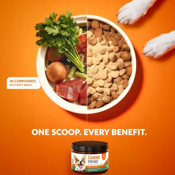 A split-screen product showcase featuring raw organic ingredients on the left and granulated dog supplement on the right, emphasizing nutritional density.